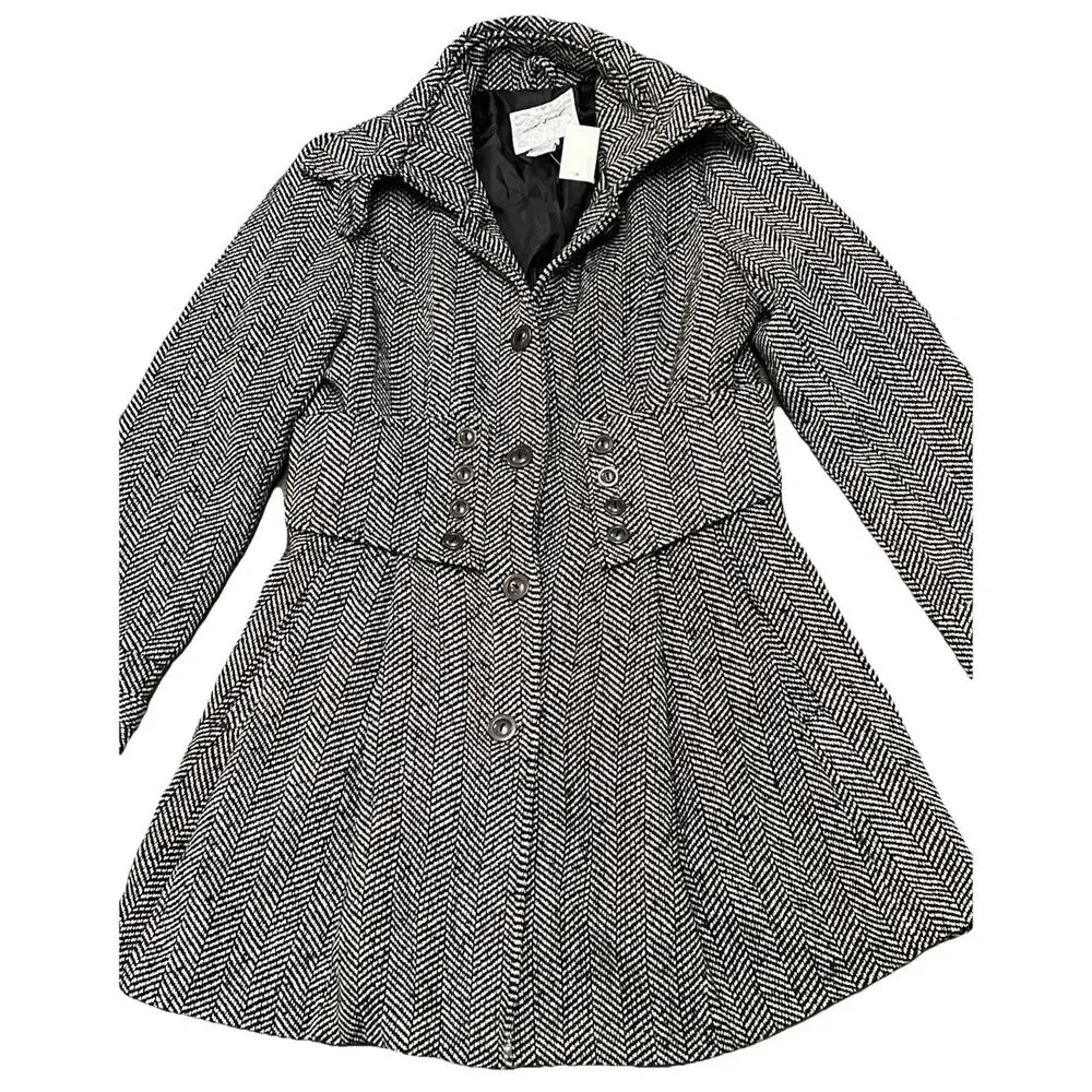 Y2K Wet Seal Herringbone Wool Blend Pea Coat Jacket Black White Herringbone‎ XL